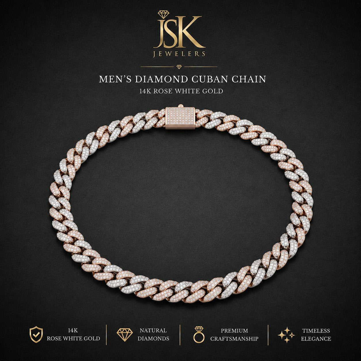 14K ROSE WHITE GOLD MIAMI CUBAN CHAIN WITH DIAMONDS